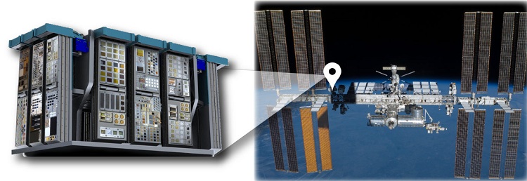 MISSE, Alpha Space’s commercial science and testing facility, is en route to its permanent home on the ISS. Depicted are the experiments integrated into carriers and trays on the MISSE and its final destination on station. ISS image courtesy of NASA.